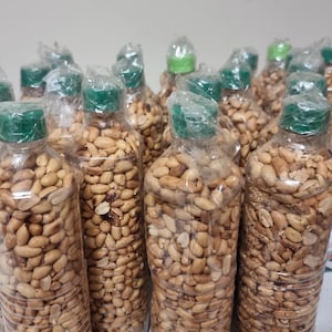 May include: A group of clear plastic bottles filled with roasted peanuts. The bottles are sealed with green plastic lids and clear plastic wrap.