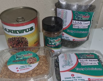 Les ingrédients de la soupe banga (palmiste) comprennent (extrait de banga, pervenche séchée, épice de banga, beletete (feuilles de banga) et écrevisses.