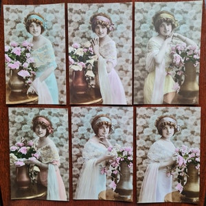 Juego de 6 postales Raphael Tuck & Sons Serie 5406 "My Queen" Carbono coloreadas a mano Berlín