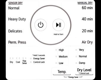 LG Model DLE6100W Dryer Sticker Sheet Labels / Decals  - for entire Control Panel - Waterproof