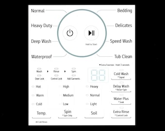 LG Model WT7000CW or WT7010CW or WT7150CW Washer Sticker Sheet Labels / Decals  - for entire Control Panel - Waterproof