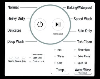 LG Model WT6105CW Washer Sticker Sheet Labels / Decals  - for entire Control Panel - Waterproof