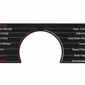 May include: A black and white washing machine control panel with a circular dial and a list of steam cycle options including Cotton/Normal, Bulky/Large, Heavy Duty, Bright Whites, Sanitary, Allergiene, and Tub Clean. The right side of the panel lists additional options including Perm. Press, Delicates, Hand Wash/Wool, Towels, Speed Wash, Drain+Spin, and Downloaded.