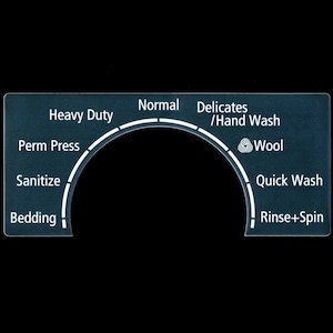 May include: A white dial with a circular arc showing different washing machine settings. The settings include Heavy Duty, Perm Press, Sanitize, Bedding, Normal, Delicates/Hand Wash, Wool, Quick Wash, and Rinse+Spin.