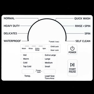 May include: White control panel for a washing machine with buttons for different wash cycles, including normal, heavy duty, delicates, waterproof, quick wash, rinse + spin, spin, and self clean. The panel also has buttons for temperature, load size, and extra rinse. There are also buttons for child lock, door lock, power, and start/pause.