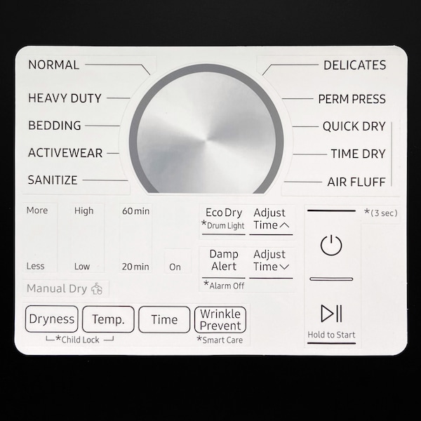 Samsung Model DVG45T6000W Dryer Sticker Sheet Labels / Decals  - for entire Control Panel - Waterproof