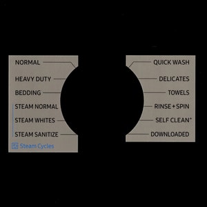 May include: A washing machine control panel with a selection of wash cycles, including Normal, Heavy Duty, Bedding, Steam Normal, Steam Whites, Steam Sanitize, Quick Wash, Delicates, Towels, Rinse + Spin, Self Clean+, and Downloaded.