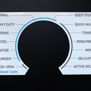 May include: A white washing machine control panel with a circular dial and a list of wash cycles including Normal, Heavy Duty, Bedding, Whites, Sanitize, Allergen, Rinse + Spin, Deep Steam, Quick Wash, Towels, Perm Press, Wool, Delicates, and Active Wear. The dial has a blue and black line around it. The text "Steam Cycles" is below the dial.