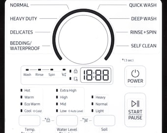 Samsung Model WA44A3205AW Washer Sticker Sheet Labels / Decals  - for entire Control Panel - Waterproof