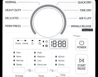 Samsung Model DVE45T3200W & DVG45T3200W Dryer Sticker Sheet Labels / Decals  - for entire Control Panel - Waterproof