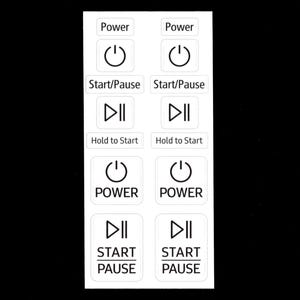 May include: A sheet of white stickers with black text and symbols. The stickers include the words "Power", "Start/Pause", and "Hold to Start", along with power and play/pause symbols. The stickers are for electronic devices.