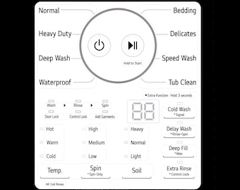 LG Model WT7005CW or WT7155CW Washer Sticker Sheet Labels / Decals  - for entire Control Panel - Waterproof