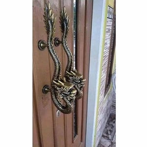 Dragon Door Handles Set - Large 19" Antique Brass Finish Aluminum Pulls - Pair of Mythical Guardian Door Knobs