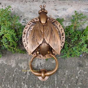 May include: A brass door knocker shaped like a fly with intricate details. The knocker is mounted on a round plate with a decorative border. The fly has a raised design and a textured surface.