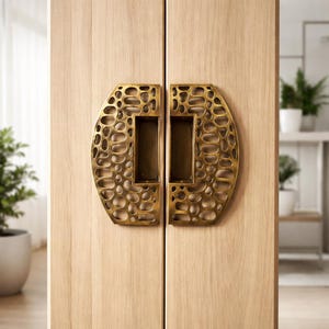 Solid Brass Recessed Sliding Door Pull Pair - Contemporary Pebble Design Pocket Door Handle - Antique Brass Finish - Set of 2