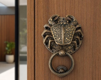 Antique Brass Crab Door Knocker - Coastal Beach House Decor - Vintage Style Nautical Door Hardware - Solid Brass Crustacean Door Handle