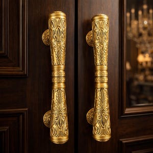 Può includere: Due maniglie dorate ornate con intricati disegni floreali e a volute. Le maniglie sono montate su una porta di legno marrone scuro, che mostra un'estetica classica ed elegante. Le maniglie sono lunghe circa 30 cm.