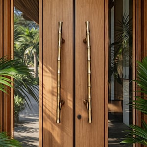 Large Bamboo Door Handles - Solid Brass Door Pulls for Entry Doors, Antique Gold Bamboo Hardware, Set of 2, 16" (40cm)