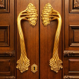 Antique Brass Tree Branch Door Handles - Pair of 15.7" (40cm) Art Nouveau Pulls - Rustic Organic Nature Style Hardware for Entry Doors