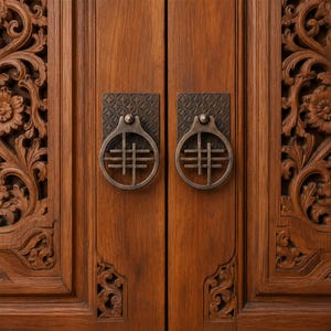 May include: Close-up of a wooden cabinet door with ornate carvings and two metal handles. The door is a warm brown color, and the handles have a circular design with a cross-hatch pattern. The carvings feature floral and leaf motifs.