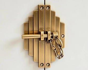 Art-Deco-Türriegel aus massivem Messing, robuste Türbeschläge aus antikem Gold, Torschloss mit Sicherheitskette, dekorative Schrankschließe 18,8 cm