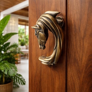 Stallion Horse Door Handle - Antique Brass Wild Horse Pull - 11" Large Equestrian Door Hardware for Main Gate & Interior