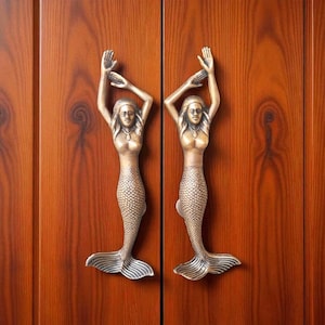 Paar 15 ""große Meerjungfrau Messing Türgriffe - Antike nautische Türgriffe - Luxus Mermaid Torgriffe - Massiv Messing Küsten Wohnkultur."