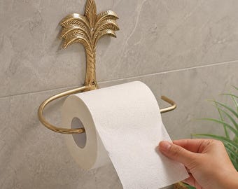 Solid Brass Palm Tree Toilet Paper Holder - Tropical Gold Bathroom Tissue Roll Hanger - Ornate Beach House Wall Decor - Coastal Hardware