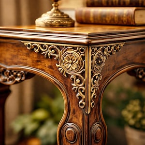 May include: A close-up of a dark brown wooden table with ornate gold-colored floral and scrollwork detailing. The table has a rectangular top and curved legs. A gold-colored decorative object and books are on the table.