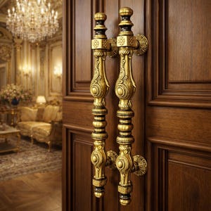 以下が含まれることがあります： 精巧な金色のドアハンドル。濃い茶色の木製ドアに取り付けられています。ハンドルは、花柄と円形の模様が施された垂直デザインで、入り口に高級感を加えています。