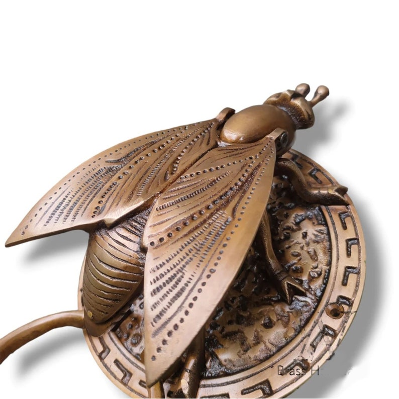 May include: A brass door knocker in the shape of a cicada with intricate details. The cicada is perched on a round base with a Greek key design.