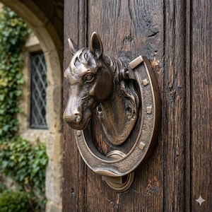 May include: A bronze-toned metal door knocker shaped like a horse head with a horseshoe-shaped ring. The detailed sculpture features a textured finish and is mounted onto a dark, weathered wooden door surface with visible vertical grain patterns.