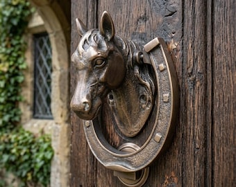 Battente per porta a forma di testa di cavallo in ottone antico con ferro di cavallo - Ferramenta per porte equestre in ottone massiccio in stile vintage - Decorazione per la casa a forma di ferro di cavallo portafortuna