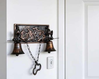 May include: A wall-mounted door bell featuring a rectangular bronze-toned plaque with a relief of three figures. Two metallic bells hang from the plaque, connected by a black chain that leads to a central pull handle shaped like a stylized key.