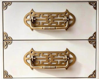 Antique Brass Cabinet Pull Handles Set of 2 – Vintage Ceki Pattern Drawer Handles, Solid Brass Dresser Pulls, Rustic Furniture Hardware