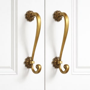 Antique Brass Curved Door Handles - Set of 2 Large Handcrafted Pulls for Entry Doors, Vintage Floral Rosette Hardware 15.3"