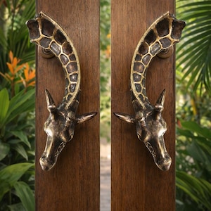 Manijas de puerta de latón con diseño de jirafa, decoración de safari para el hogar, tiradores de animales para puertas dobles, herrajes de latón únicos, decoración de entrada con temática de zoológico africano