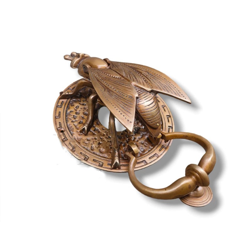 May include: A brass door knocker shaped like a bee with intricate details. The bee is perched on a round base with a decorative border. The knocker has a ring handle.