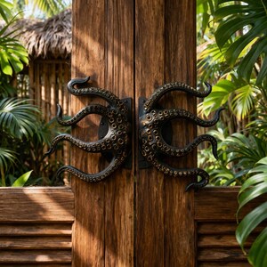 Octopus Tentacle Door Handles Pair - Nautical Coastal Decor - Large Aluminum Pulls for Entryway - Beach House Hardware - Set of 2 - 10"