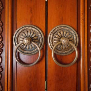 Batacchio per porta in ottone vintage - Set di 2 maniglie floreali a raggiera, maniglie ad anello per mobili, ferramenta rustica artigianale per porte e cancelli di grandi dimensioni