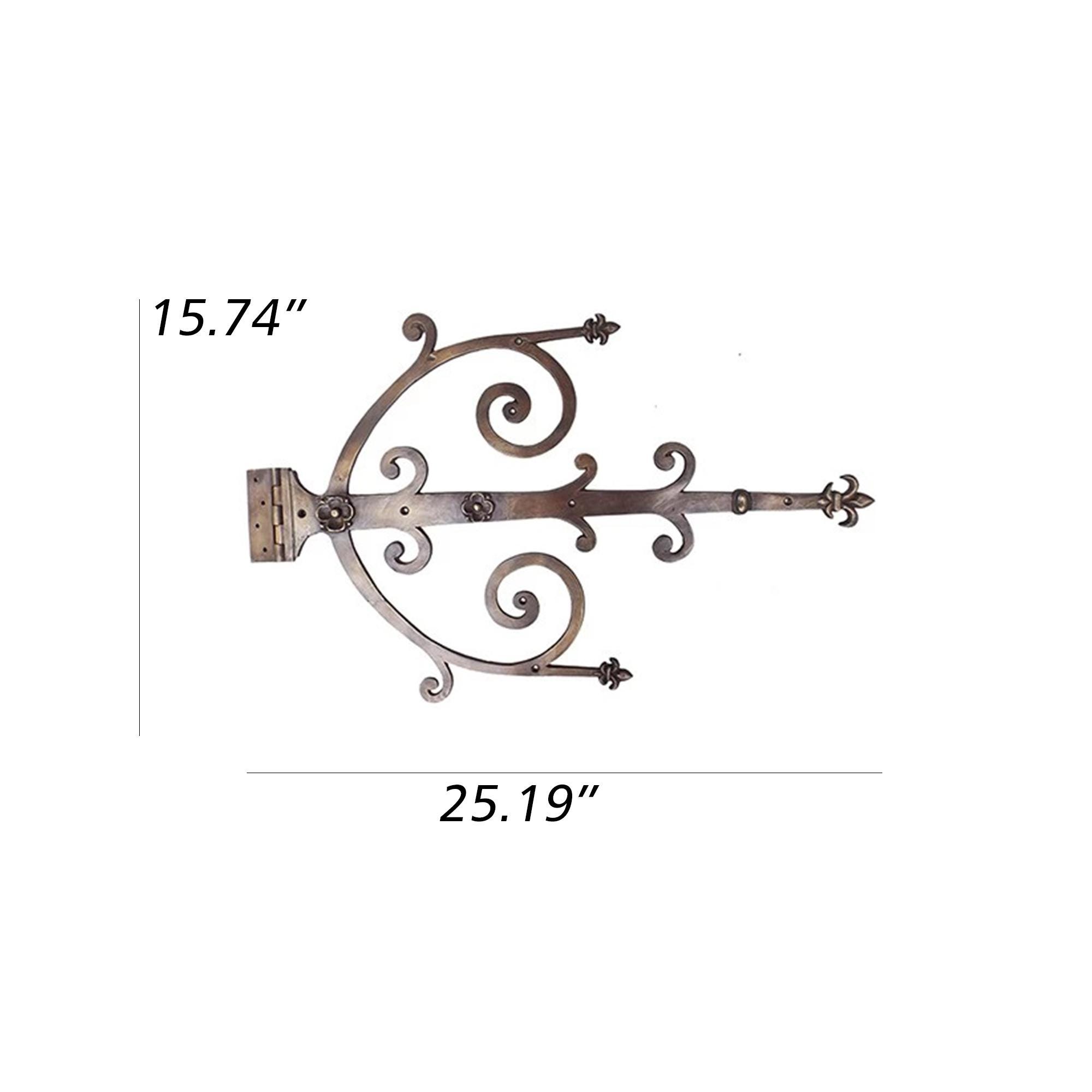 Extra Large Solid Brass Gothic T-Hinge, 25" Ornate Fleur de Lis Gate Hinge, Decorative Heavy Duty Garage Door Hardware, Antique Brass Finish
