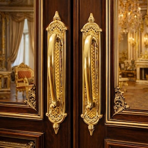 May include: Close-up of two ornate, dark wood cabinet doors with large, gold-colored handles. The handles have a curved design and are mounted on decorative gold plates. The doors are framed with gold trim, and the background shows a room with a chandelier.