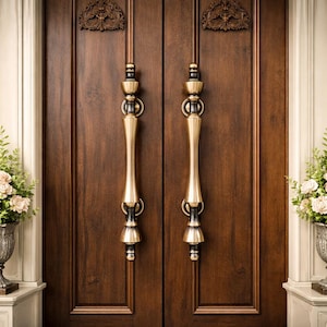 Pair of Luxury Brass Door Handles, 13.4" Solid Brass Entry Door Pulls, Vintage French Style Front Door Hardware, Ornate Gold Handle Set