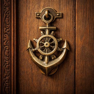 May include: A brass door knocker in the shape of an anchor with a ship's wheel in the center. The knocker is mounted on a dark brown wooden door. The door has vertical wood grain.