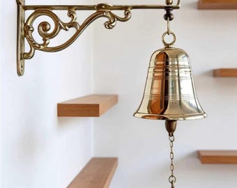Timbre de pared de latón macizo, campana artesanal de estilo vintage con soporte en espiral, acabado antiguo o dorado, campana decorativa colgante.