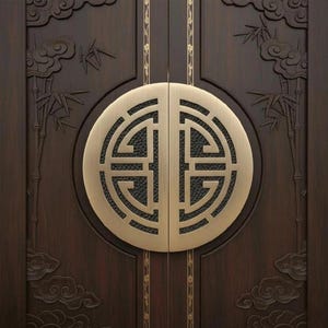 May include: A close-up of a wooden door with a large, circular brass handle. The door is dark brown with carved bamboo and cloud designs. The handle is split in two and features an intricate geometric pattern.