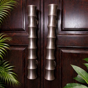 Antique Brass Bamboo Door Handles - Large 15.74" Nature Inspired Pulls - Set of 2 Zen Style Entry Hardware - Solid Brass Bamboo Door Handles