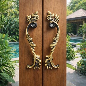 Ornate Antique Brass Door Handles Pair - Handcrafted Leaf Claw Design - Vintage Door Pulls for Entry Gate & Front Door - Free Shipping