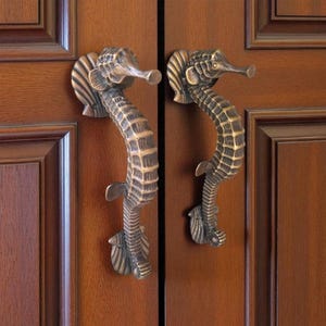 Set of 2 Seahorse Brass Door Handles - 12" Nautical Shell Base Pulls - Antique Brass Coastal Entryway Hardware - Beach House Door Decor