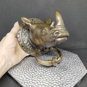 Antique Rhinoceros Head Door Knocker Cast Solid Brass 5.5 Inch